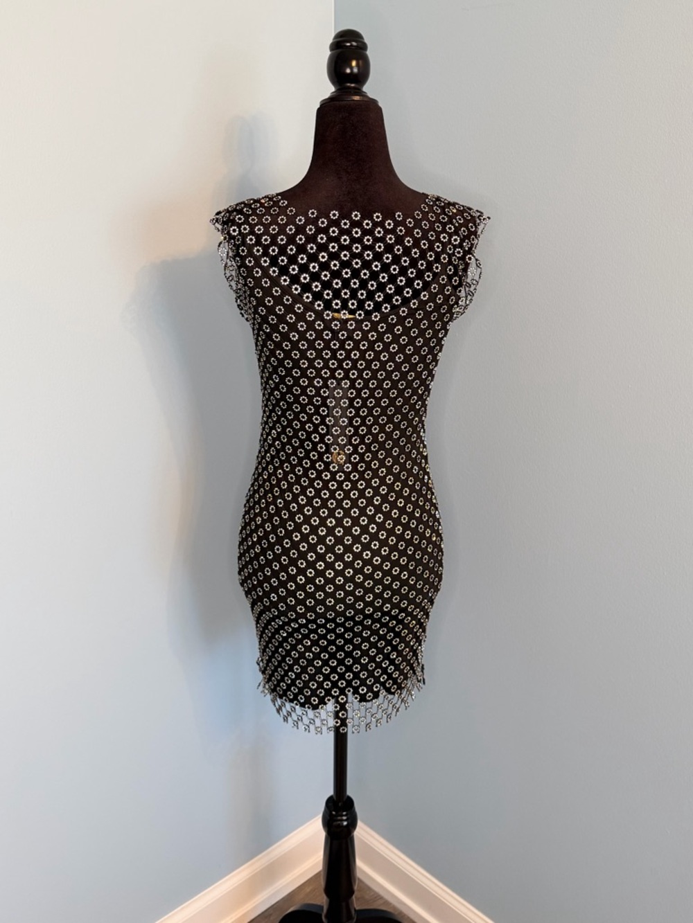 Black Rhinestone Mesh Overlay Mini Dress XS Glam Party Dress. - Picture 5 of 7